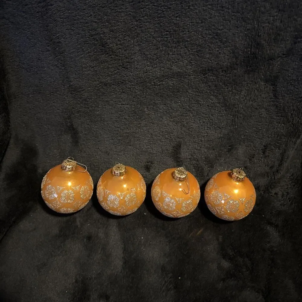 4 Vintage 50s Shiny Brite Gold Glitter Designs Christmas Ornaments